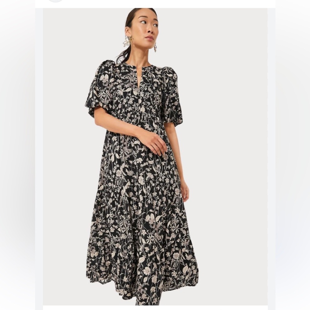 Black Floral Midi Dress with Puff Sleeves